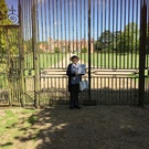 Susan Chamberlain showing off Vette  Visions at gates of Kentwell House in England.jpg