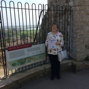Susan Chamberlain enjoying Vette  Visions on the parapet at Orford Castle in England.jpg